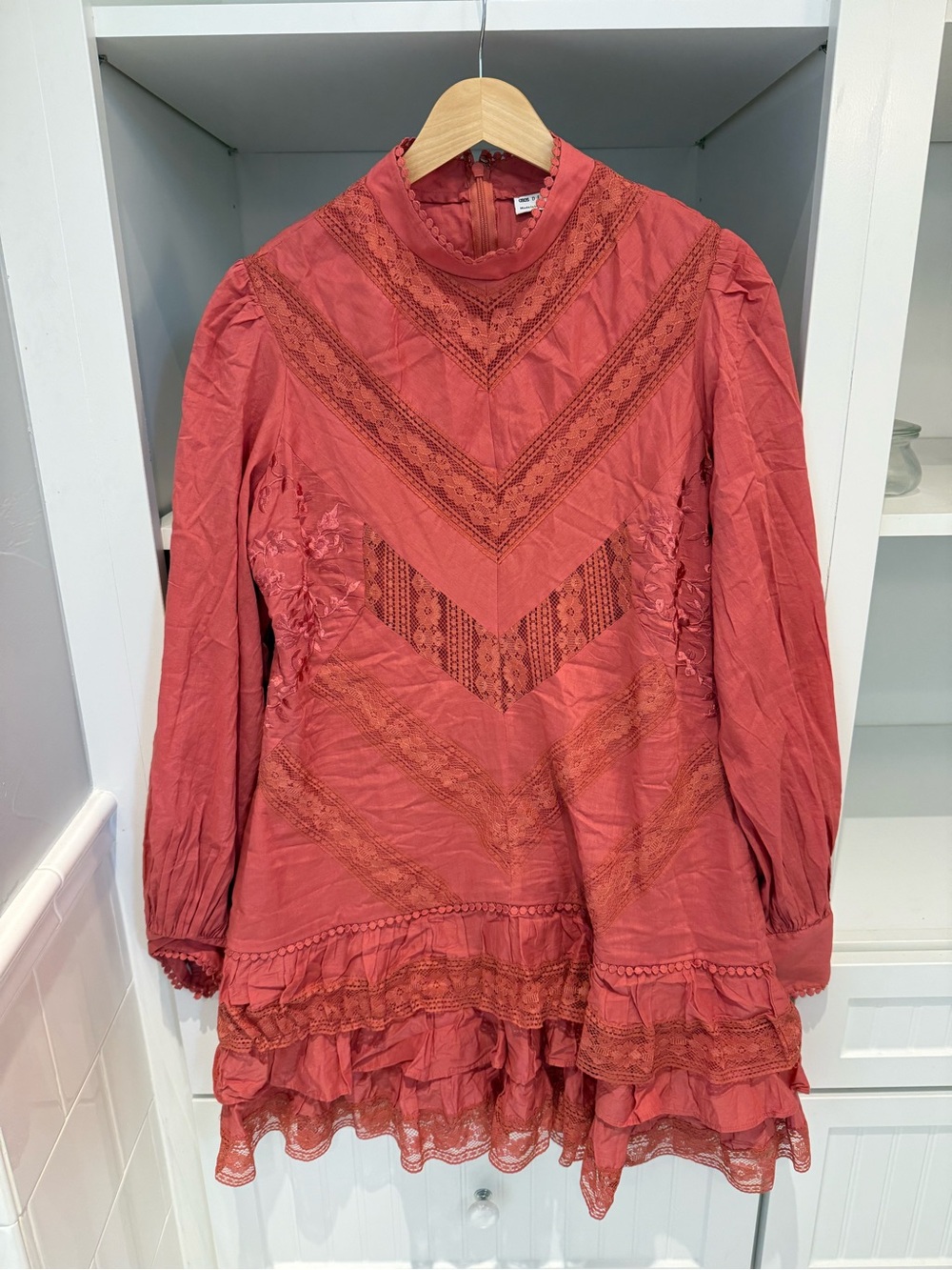 ASOS Rust-Red Lace-Trim High Neck Tunic Dress